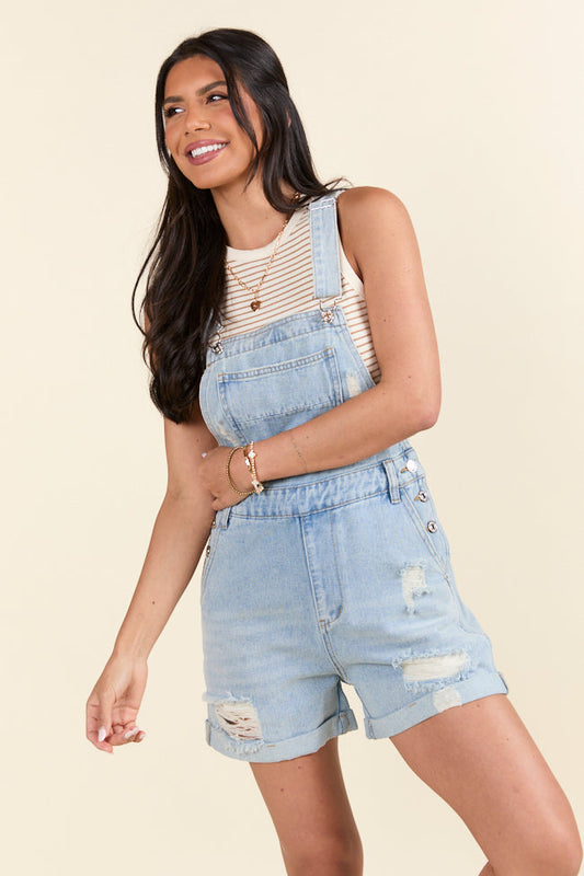 Amy Jo Medium Wash Distressed Cuffed Overalls FINAL SALE