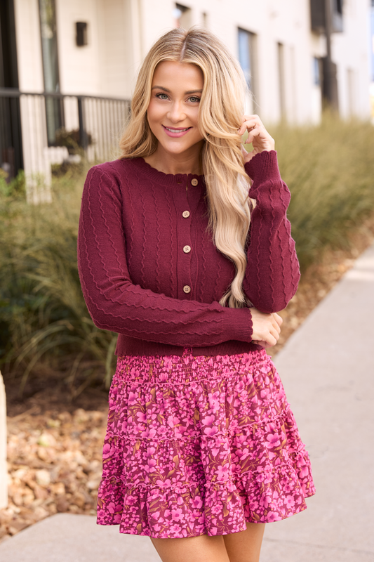 Aniston Burgundy Scallop Detail Cardigan FINAL SALE